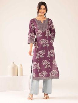 Vbuyz - Women'S Lavender Floral Straight Cotton Stitched Kurta