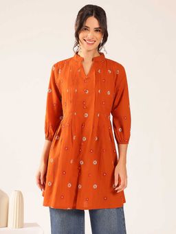 Vbuyz - Women'S Rust Floral A-Line Cotton Stitched Kurti
