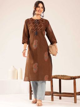Vbuyz - Women'S Brown Polka Dots Straight Cotton Stitched Kurta
