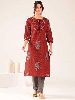 Vbuyz - Women'S Rust Polka Dots Straight Cotton Stitched Kurta