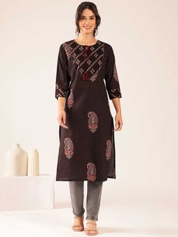 Vbuyz - Women'S Black Polka Dots Straight Cotton Stitched Kurta