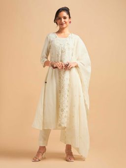 VISMAY - Ivory Gold Pure Cotton Flared Kali Cut Kurta and Pant with Dupatta
