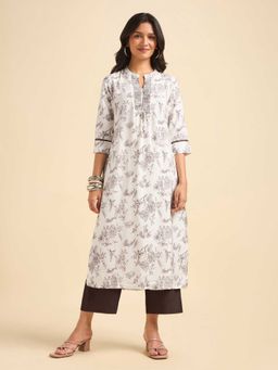 VISMAY - White Viscose Blend Floral Printed Slitted Kurta