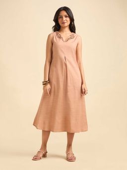 VISMAY - Peach Cotton Viscose Slub Flared Box Pleat Kurta with Embroidery