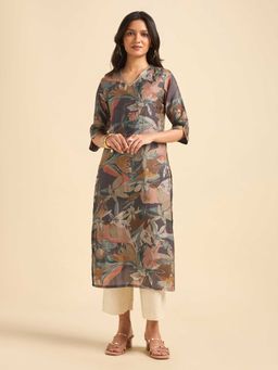 VISMAY - Grey Mull Chanderi Floral Printed Kurti Set with Sequins Embroidery
