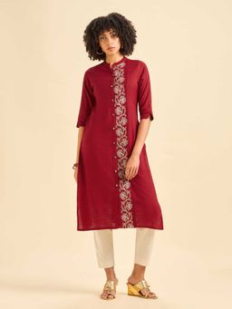 VISMAY - Red Cotton Viscose Slub Plain Slitted Kurta with Embroidery