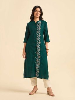VISMAY - Green Cotton Viscose Slub Plain Slitted Kurta with Embroidery