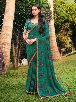 Odette - Womens Chiffon Sea Green Embellished Saree with Unstitched Blouse