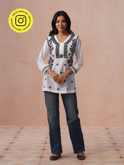 House of Chikankari - HOC Women White Cotton Chikankari Short Kurti