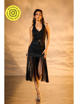 Lea Clothing - Siren Black Rivet and Fringe Midi Skirt
