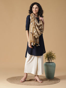 Shingora - Beige Wool Blend Striped Tasseled Women Stole