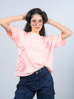 CRIMSOUNE CLUB - Women's Pink Graphic Print Oversize T-Shirt