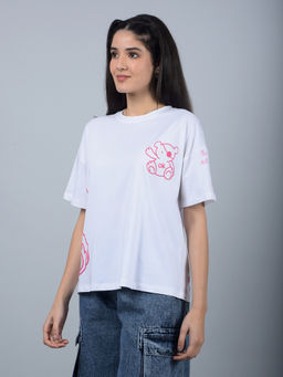 CRIMSOUNE CLUB - Women's White Graphic Print Oversize T-Shirt