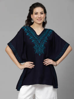QAZMI - Womens Aashvi Kashmiri Aari Embroidered Free Size Navy Blue Kaftan