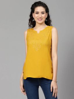 QAZMI - Floral Embroidered Sleeveless Mustard Kurti