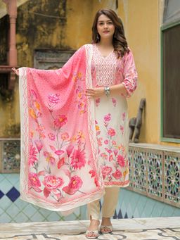 Sindh Fashion - Pink Satin Floral Printed Kurta with Pant and Dupatta