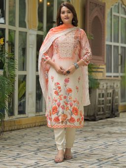 Sindh Fashion - Orange Satin Floral Printed Kurta with Pant and Dupatta