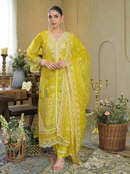 Sindh Fashion - Yellow Floral Embroidered Kurta with Pant and Dupatta