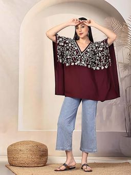 QAZMI - Womens Kashmiri Embroidered Maroon Kaftan