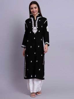 The Chikan Label - Womens Rayon Authentic Chikankari Hand-Embroidered Kurta - Black