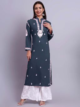 The Chikan Label - Womens Rayon Authentic Chikankari Hand-Embroidered Kurta - Teal