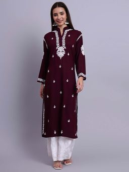 The Chikan Label - Womens Rayon Authentic Chikankari Hand-Embroidered Kurta - Maroon
