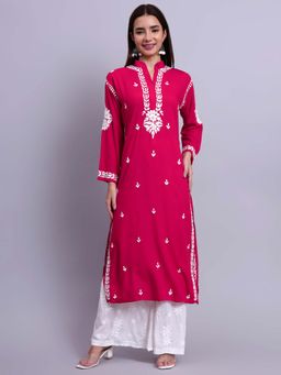 The Chikan Label - Womens Rayon Authentic Chikankari Hand-Embroidered Kurta - Pink