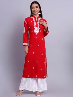 The Chikan Label - Womens Rayon Authentic Chikankari Hand-Embroiderer Kurta - Coral