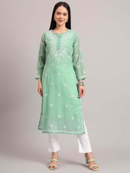 The Chikan Label - Womens Georgette Authentic Chikankari Straight Kurta With Inner - Green