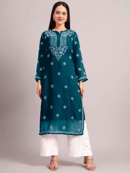 The Chikan Label - Womens Georgette Authentic Chikankari Straight Kurta With Inner - Teal