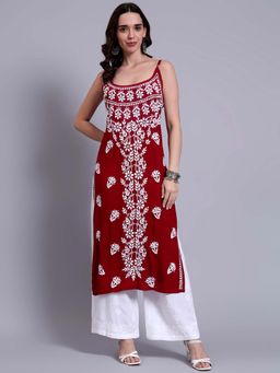 The Chikan Label - Womens Modal Authentic Chikankari Sleeveless Kurta - Maroon