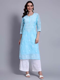 The Chikan Label - Womens Kota Cotton Authentic Chikankari Kurta - Sky Blue