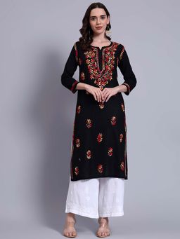 The Chikan Label - Womens Cotton Authentic Chikankari Hand-Embroidered Kurta - Black
