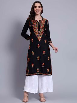The Chikan Label - Womens Cotton Authentic Chikankari Hand-Embroidered Kurta - Black