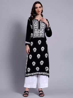 The Chikan Label - Womens Rayon Authentic Chikankari Hand-Embroidered Kurta - Black