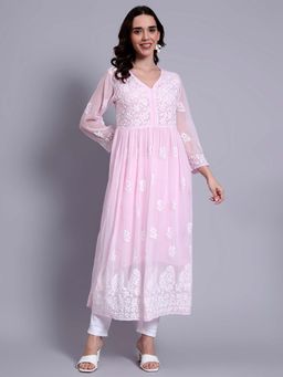The Chikan Label - Women Georgette Authentic Chikankari A-Line Kurta With Inner - Baby Pink