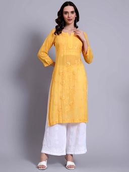The Chikan Label - Womens Viscose Authentic Chikankari Hand-Embroidered Kurta - Mustard