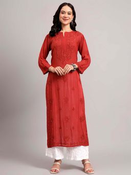 The Chikan Label - Womens Crepe Authentic Chikankari Straight Kurta - Red