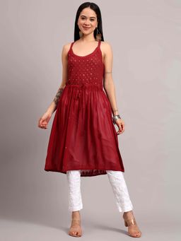 The Chikan Label - Womens Viscose Authentic Chikankari Sleeveless Kurta - Maroon