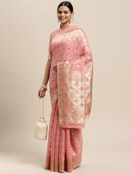 Sareemall - Womens Silk Blend Pink Woven Design Saree with Unstitched Blouse