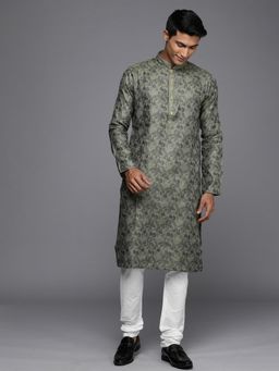 Manyavar - Blended Cotton Grey Printed Full Sleeve Mandarin Collar Kurta Pajama (Set of 2)
