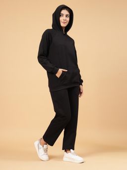 RIGO - Women Black Oversized Solid Fleece Co-Ord (Set of 2)