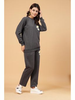 RIGO - Women Charcoal Oversized Printed Terry Co-Ord (Set of 2)