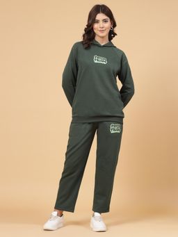 RIGO - Women Bottle Green Oversized Printed Fleece Co-Ord (Set of 2)