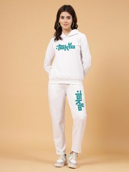RIGO - Women White Oversized Printed Fleece Co-Ord (Set of 2)
