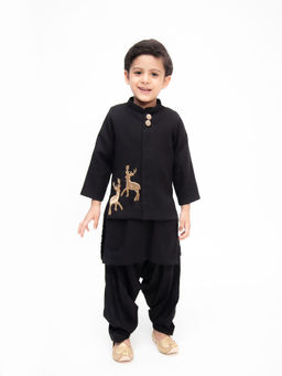 Fayon Kids - Black Jacket And Kurta (Set of 3)