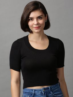 SHOWOFF - Women's Solid Scoop Neck Black Regular Top