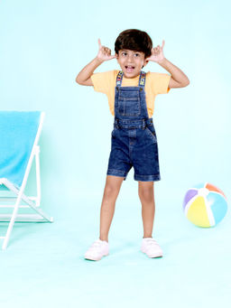 KiddoPanti - Boys Cotton Sticker Print Tee with Denim Dungaree Shorts (Set of 2)