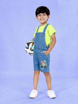KiddoPanti - Boys Cotton Sticker Print Tee with Denim Dungaree Shorts (Set of 2)