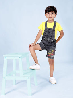 KiddoPanti - Boys Cotton Sticker Print Tee with Denim Dungaree Shorts (Set of 2)
